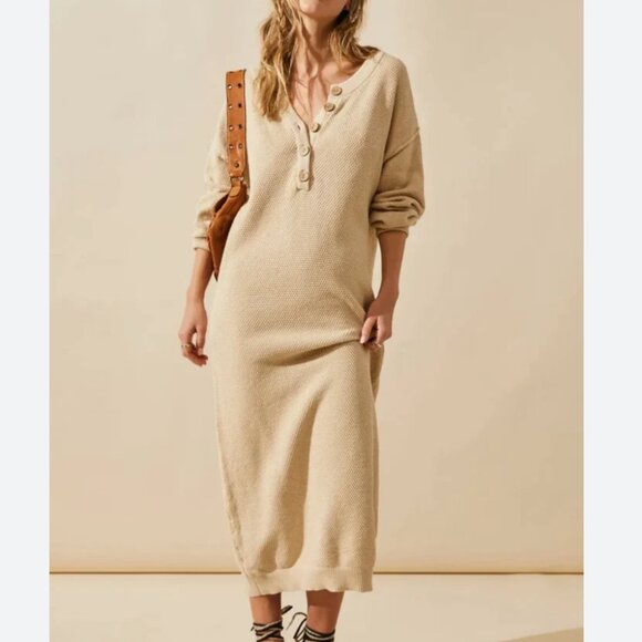 NEW Free People Hailee Sweater Midi Knit Dress Large Au Lait Cream Ivory - Picture 2 of 5